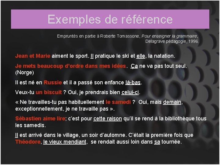 Exemples de référence Empruntés en partie à Roberte Tomassone, Pour enseigner la grammaire, Delagrave