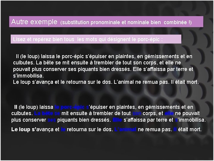 Autre exemple (substitution pronominale et nominale bien combinée !) Lisez et repérez bien tous