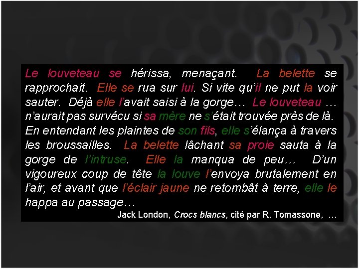 Le louveteau se hérissa, menaçant. La belette se rapprochait. Elle se rua sur lui.