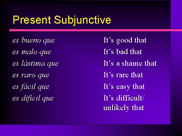 Present Subjunctive es bueno que es malo que es lástima que es raro que