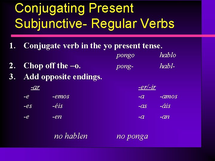 Conjugating Present Subjunctive- Regular Verbs 1. Conjugate verb in the yo present tense. 2.