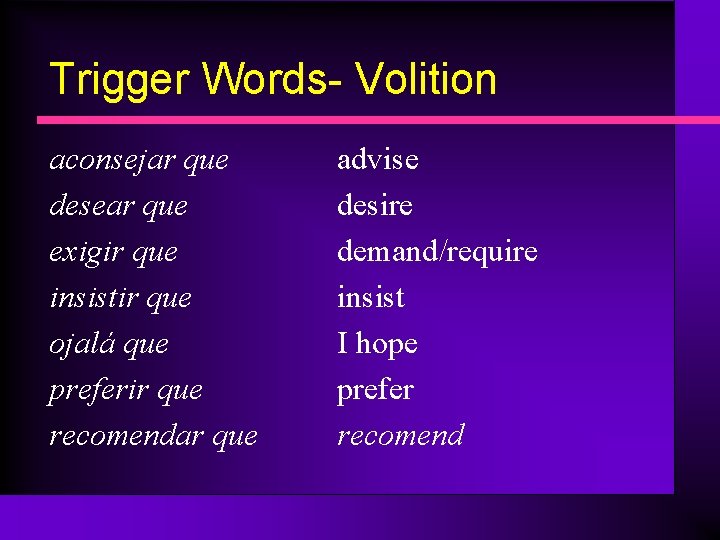 Trigger Words- Volition aconsejar que desear que exigir que insistir que ojalá que preferir