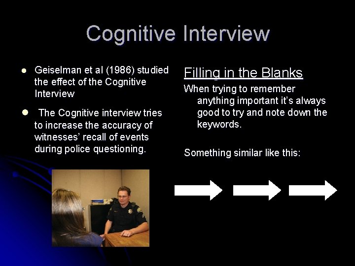 Cognitive Interview l Geiselman et al (1986) studied the effect of the Cognitive Interview Cognitive Interview l Geiselman et al (1986) studied the effect of the Cognitive Interview