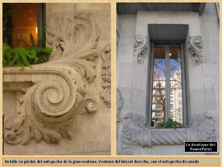 Detalle en piedra del antepecho de la gran ventana. Ventana del lateral derecho, con