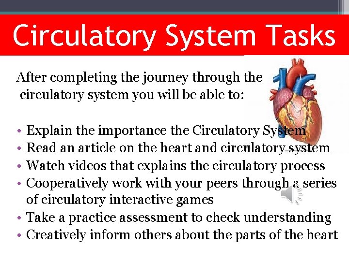 Circulatory System Tasks After completing the journey through the circulatory system you will be