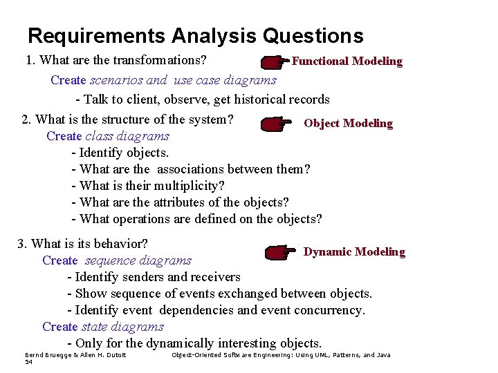 Requirements Analysis Questions 1. What are the transformations? Functional Modeling Create scenarios and use