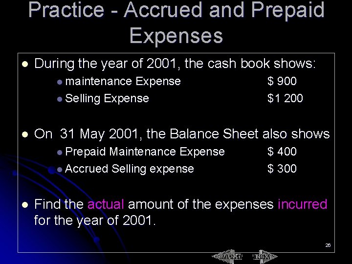 Practice - Accrued and Prepaid Expenses l During the year of 2001, the cash