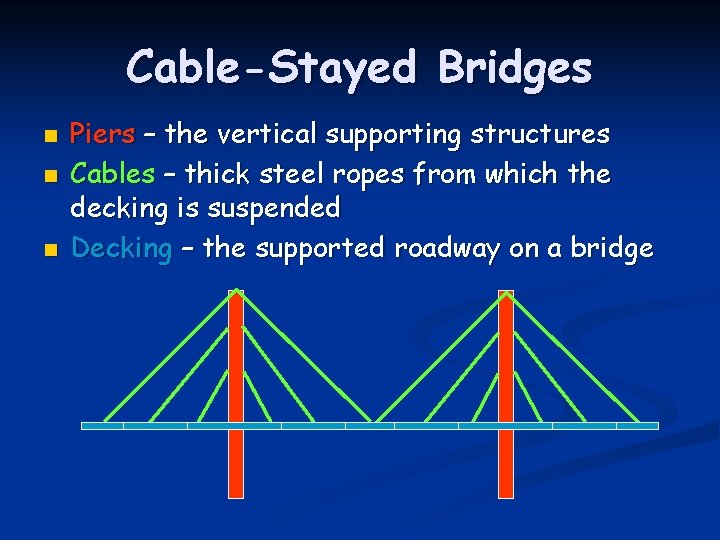 Cable-Stayed Bridges n n n Piers – the vertical supporting structures Cables – thick