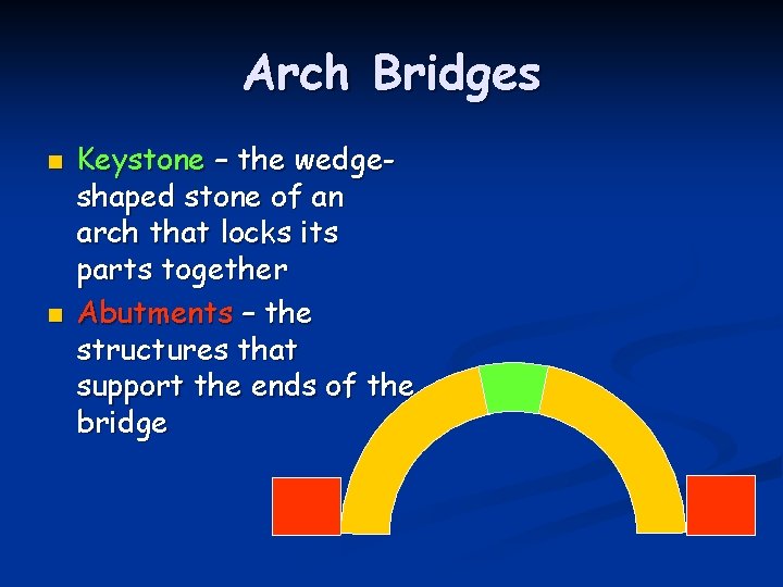 Arch Bridges n n Keystone – the wedgeshaped stone of an arch that locks