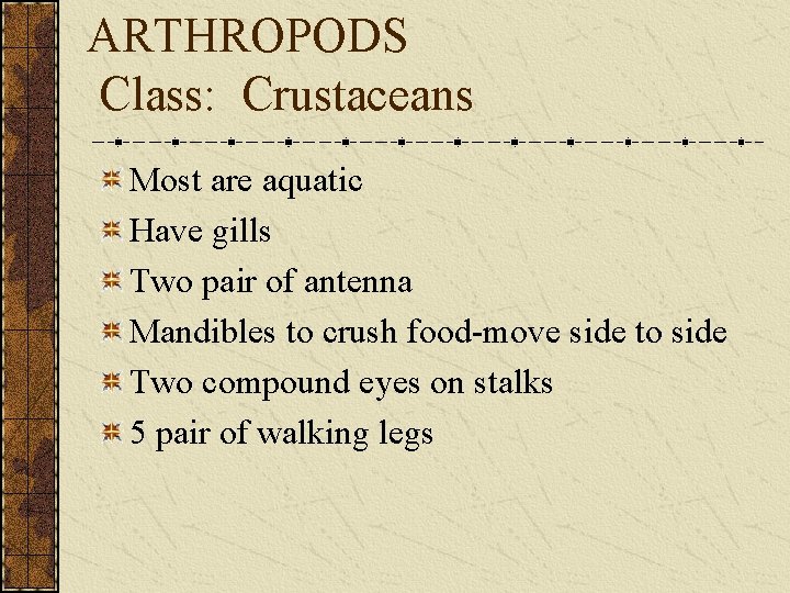 ARTHROPODS Class: Crustaceans Most are aquatic Have gills Two pair of antenna Mandibles to