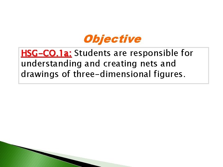 Objective HSG-CO. 1 a: Students are responsible for understanding and creating nets and drawings