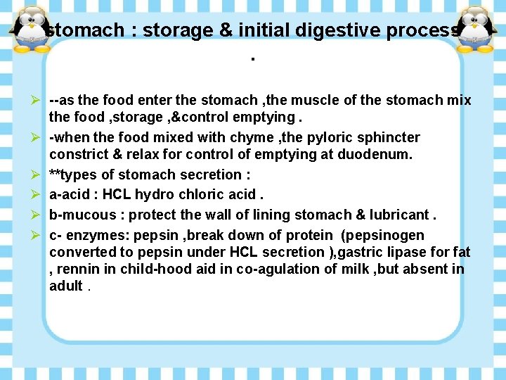 stomach : storage & initial digestive process. Ø --as the food enter the stomach