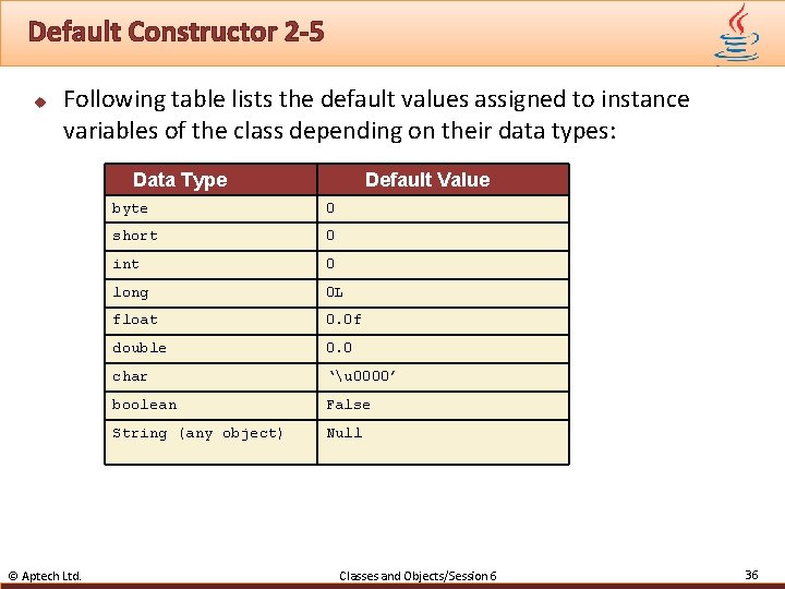 Default Constructor 2 -5 u Following table lists the default values assigned to instance