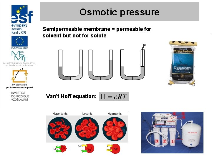 Osmotic pressure Semipermeable membrane = permeable for solvent but not for solute Van’t Hoff