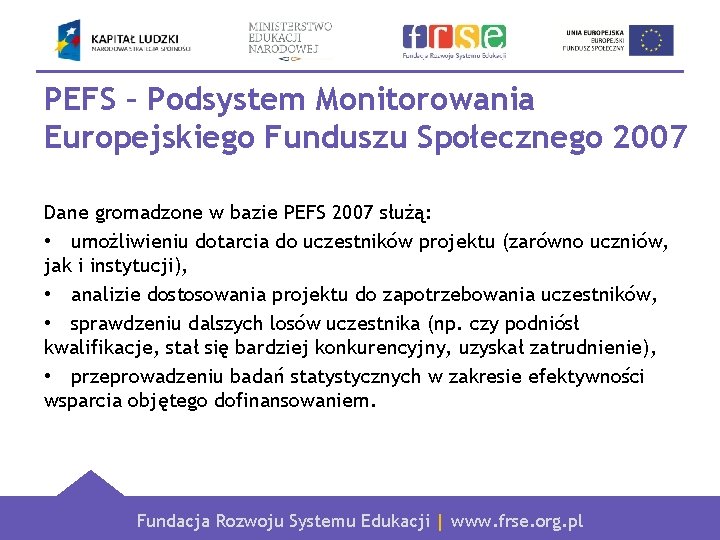 PEFS – Podsystem Monitorowania Europejskiego Funduszu Społecznego 2007 Dane gromadzone w bazie PEFS 2007