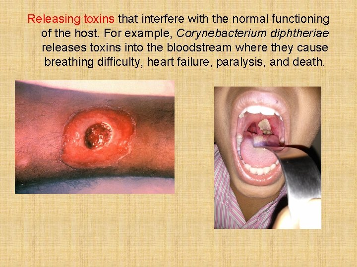 Releasing toxins that interfere with the normal functioning of the host. For example, Corynebacterium