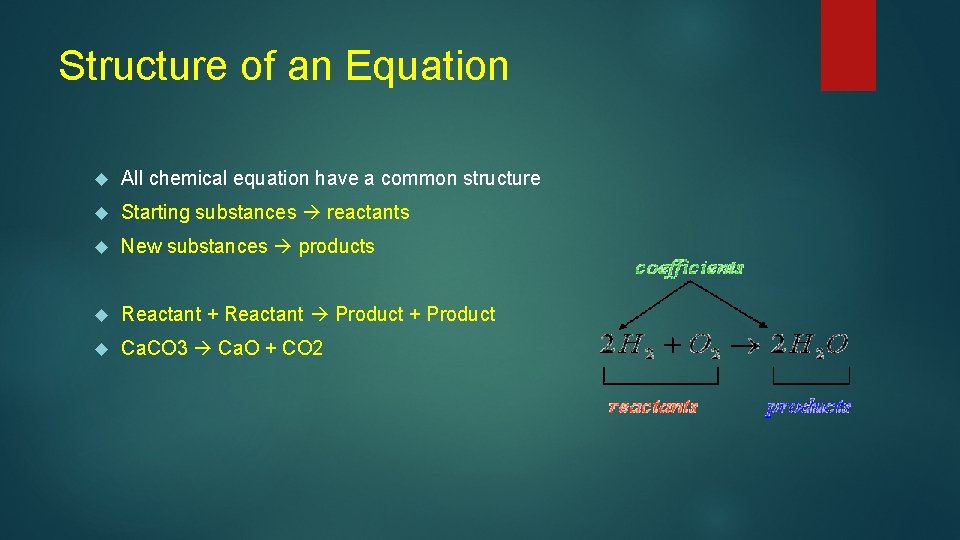 Structure of an Equation All chemical equation have a common structure Starting substances reactants