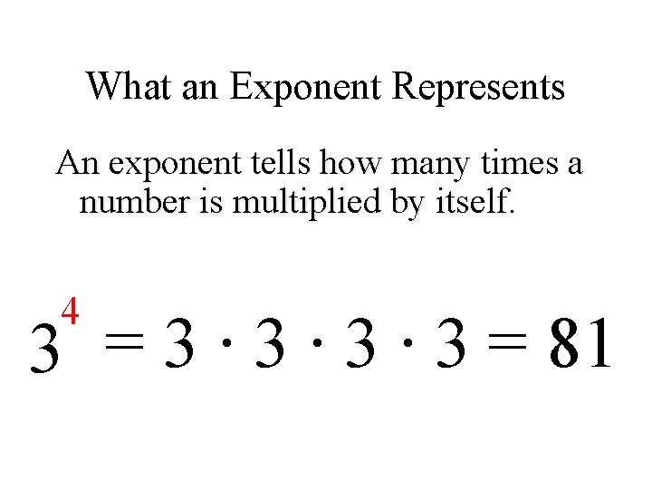 What an Exponent Represents An exponent tells how many times a number is multiplied