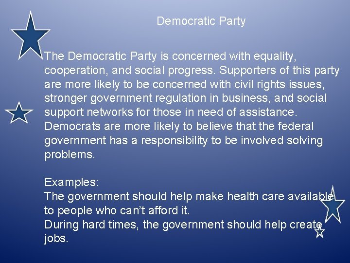 Democratic Party The Democratic Party is concerned with equality, cooperation, and social progress. Supporters