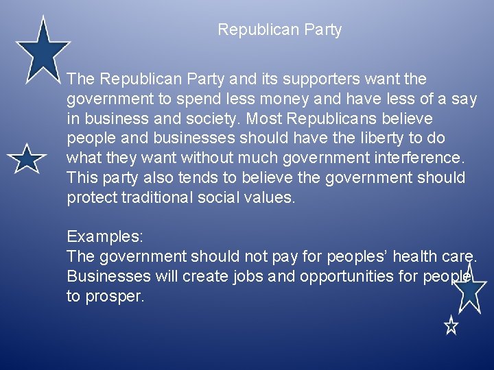 Republican Party The Republican Party and its supporters want the government to spend less