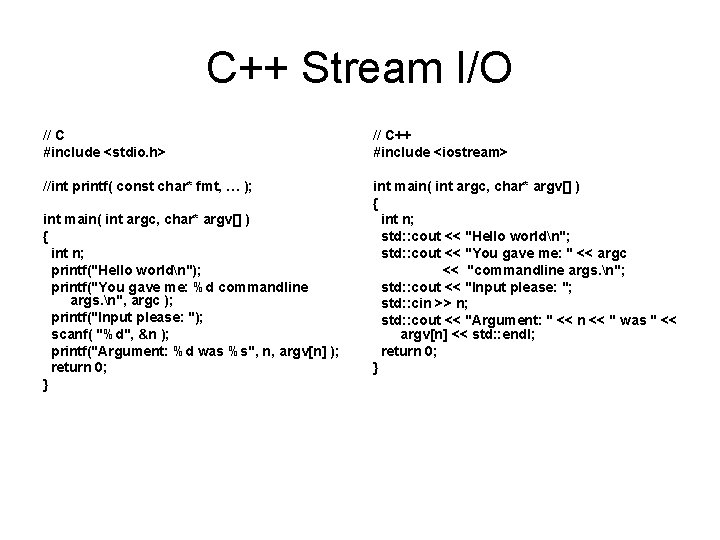 C++ Stream I/O // C #include <stdio. h> // C++ #include <iostream> //int printf(