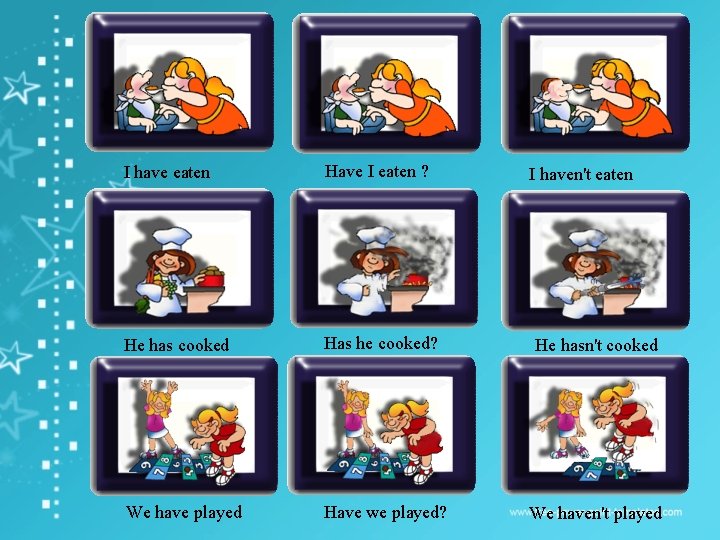 I have eaten Have I eaten ? He has cooked Has he cooked? He