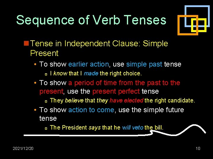 Sequence of Verb Tenses n Tense in Independent Clause: Simple Present • To show