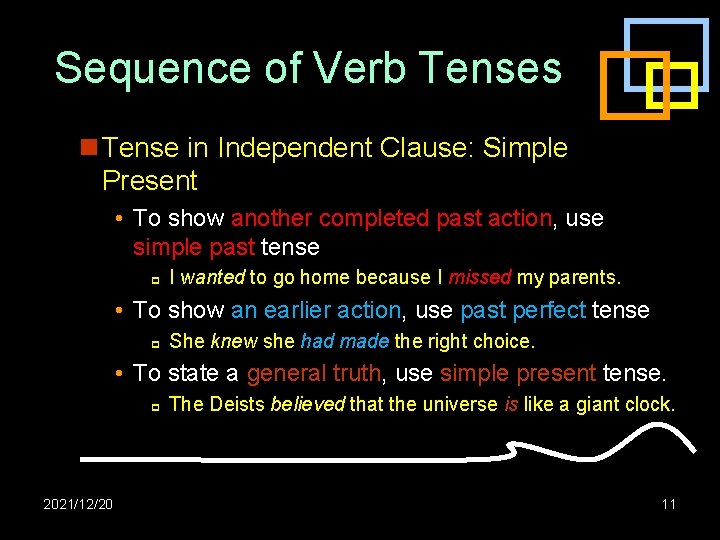 Sequence of Verb Tenses n Tense in Independent Clause: Simple Present • To show