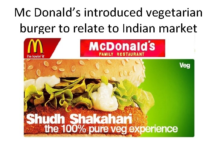 Mc Donald’s introduced vegetarian burger to relate to Indian market 