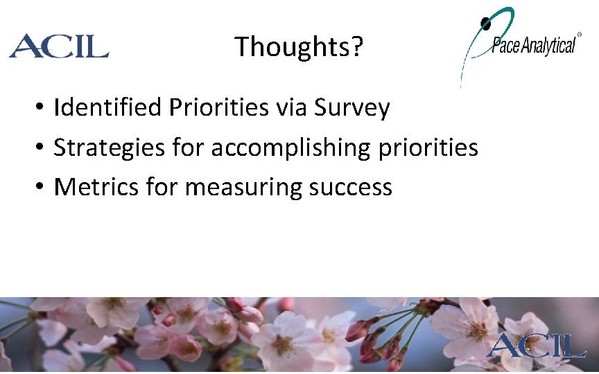 Thoughts? • Identified Priorities via Survey • Strategies for accomplishing priorities • Metrics for