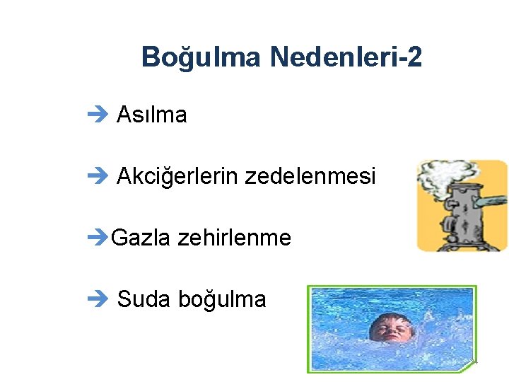 Boğulma Nedenleri-2 è Asılma è Akciğerlerin zedelenmesi èGazla zehirlenme è Suda boğulma 24 