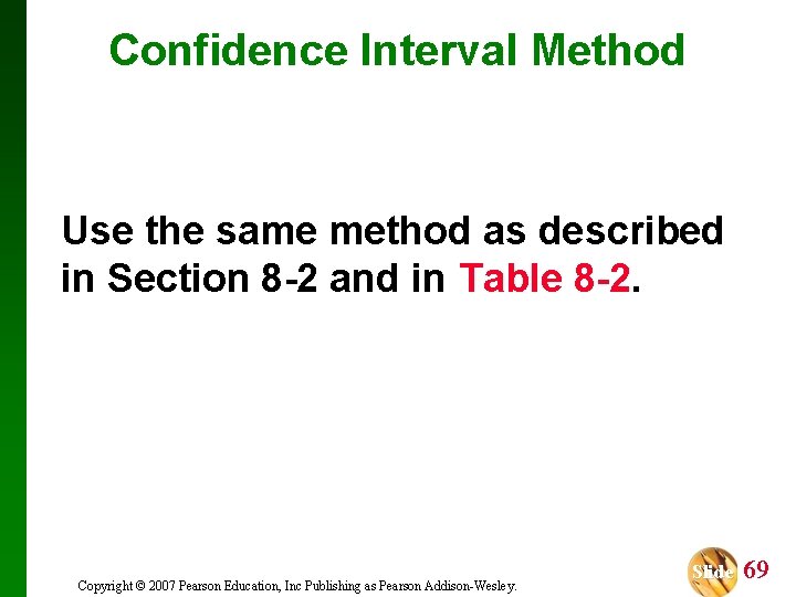 Confidence Interval Method Use the same method as described in Section 8 -2 and