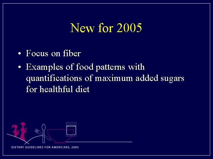 New for 2005 • Focus on fiber • Examples of food patterns with quantifications