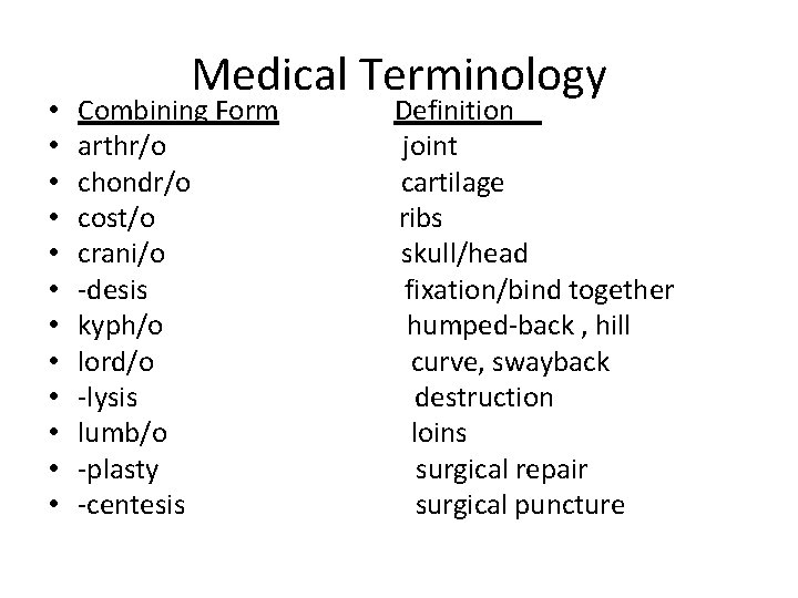  • • • Medical Terminology Combining Form arthr/o chondr/o cost/o crani/o -desis kyph/o