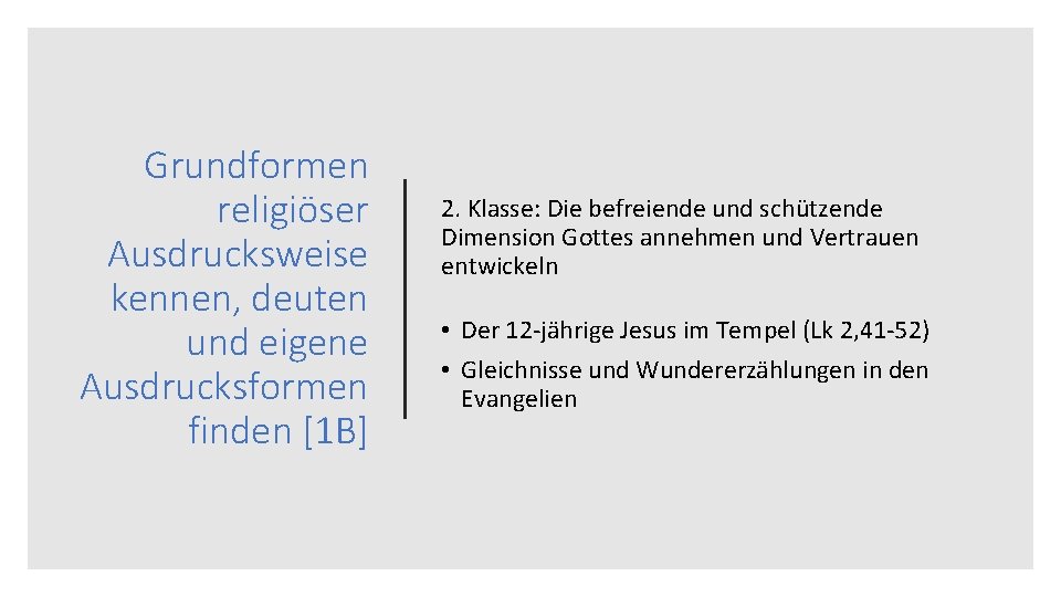 Grundformen religiöser Ausdrucksweise kennen, deuten und eigene Ausdrucksformen finden [1 B] 2. Klasse: Die