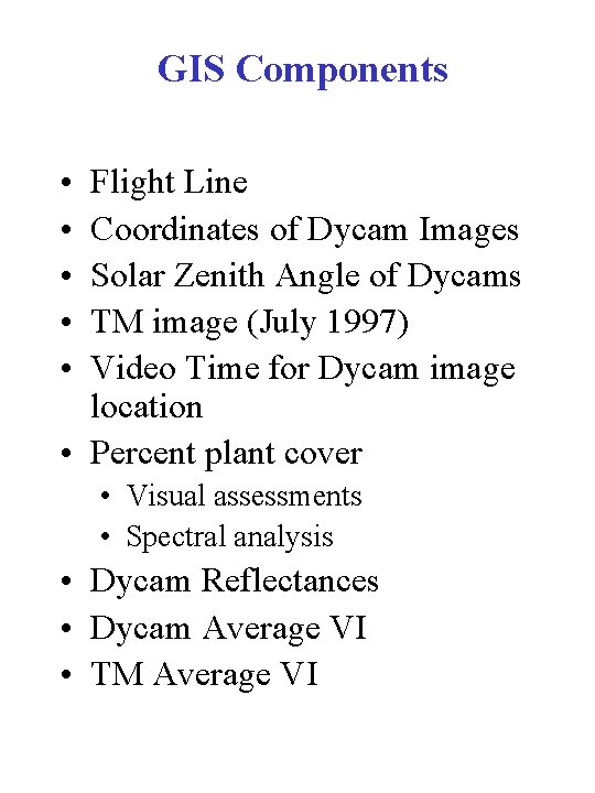GIS Components • • • Flight Line Coordinates of Dycam Images Solar Zenith Angle