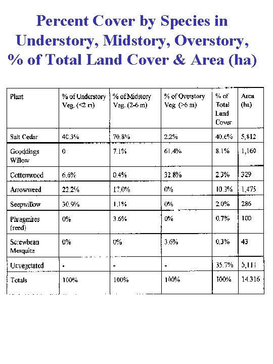 Percent Cover by Species in Understory, Midstory, Overstory, % of Total Land Cover &