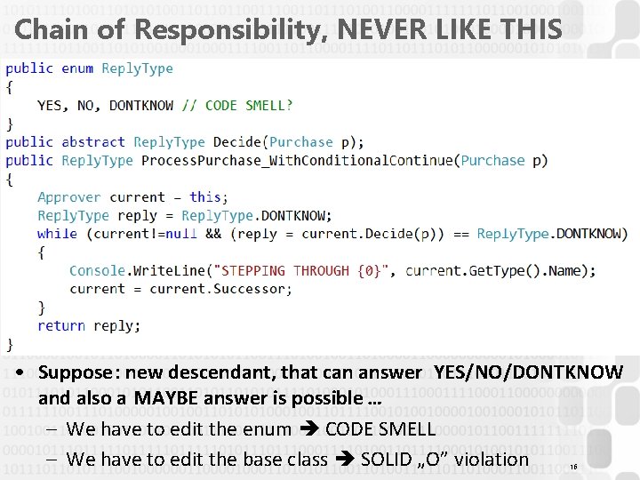 Chain of Responsibility, NEVER LIKE THIS • Suppose: new descendant, that can answer YES/NO/DONTKNOW