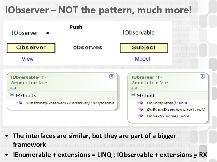 IObserver – NOT the pattern, much more! • The interfaces are similar, but they