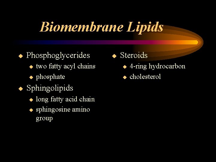 Biomembrane Lipids u Phosphoglycerides u u u two fatty acyl chains phosphate Sphingolipids u