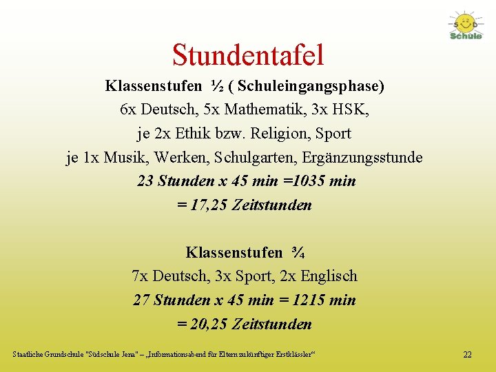 Stundentafel Klassenstufen ½ ( Schuleingangsphase) 6 x Deutsch, 5 x Mathematik, 3 x HSK,