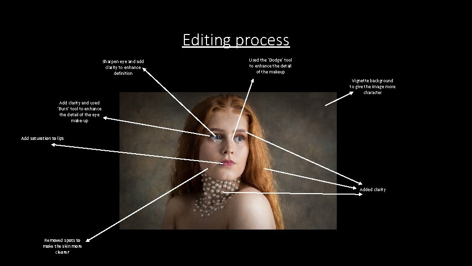 Editing process Sharpen eye and add clarity to enhance definition Used the ‘Dodge’ tool