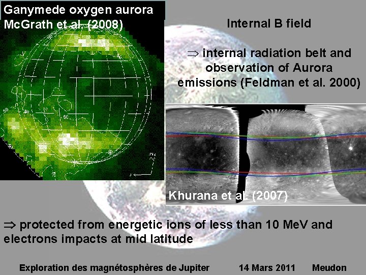 Ganymede oxygen aurora Mc. Grath et al. (2008) Internal B field Þ internal radiation