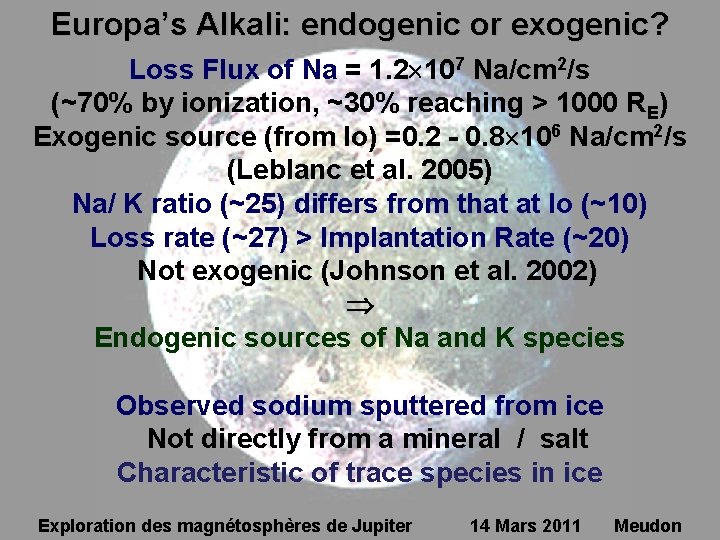 Europa’s Alkali: endogenic or exogenic? Loss Flux of Na = 1. 2 107 Na/cm