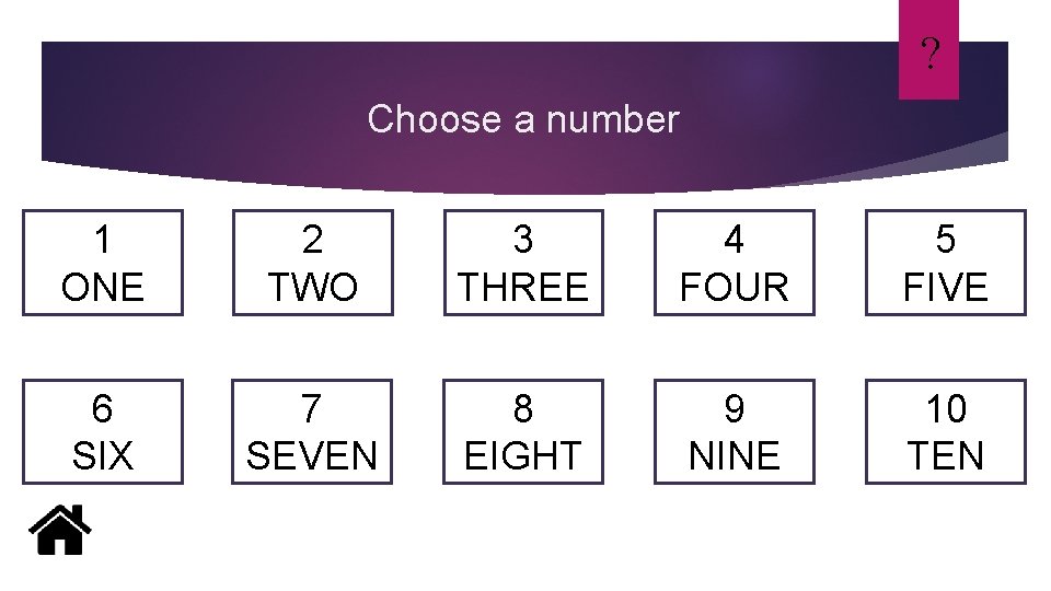 ? Choose a number 1 ONE 2 TWO 3 THREE 4 FOUR 5 FIVE