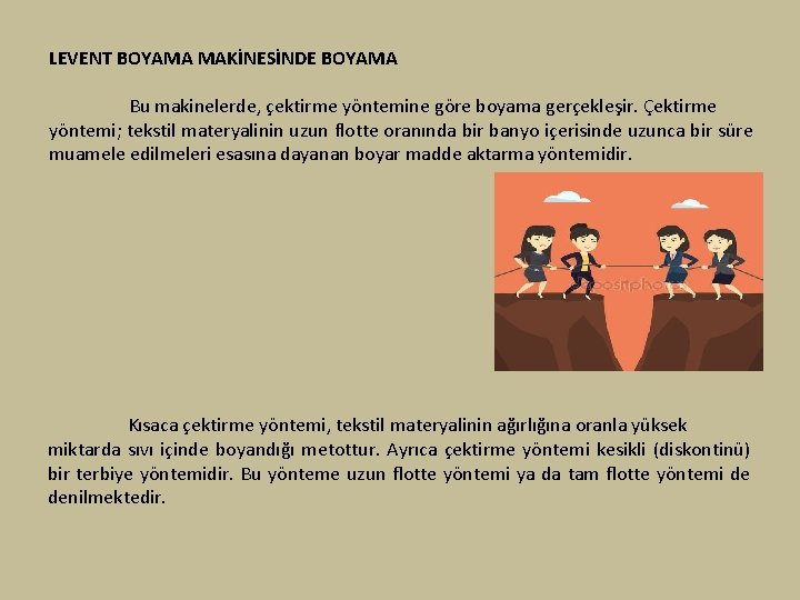 LEVENT BOYAMA MAKİNESİNDE BOYAMA Bu makinelerde, çektirme yöntemine göre boyama gerçekleşir. Çektirme yöntemi; tekstil