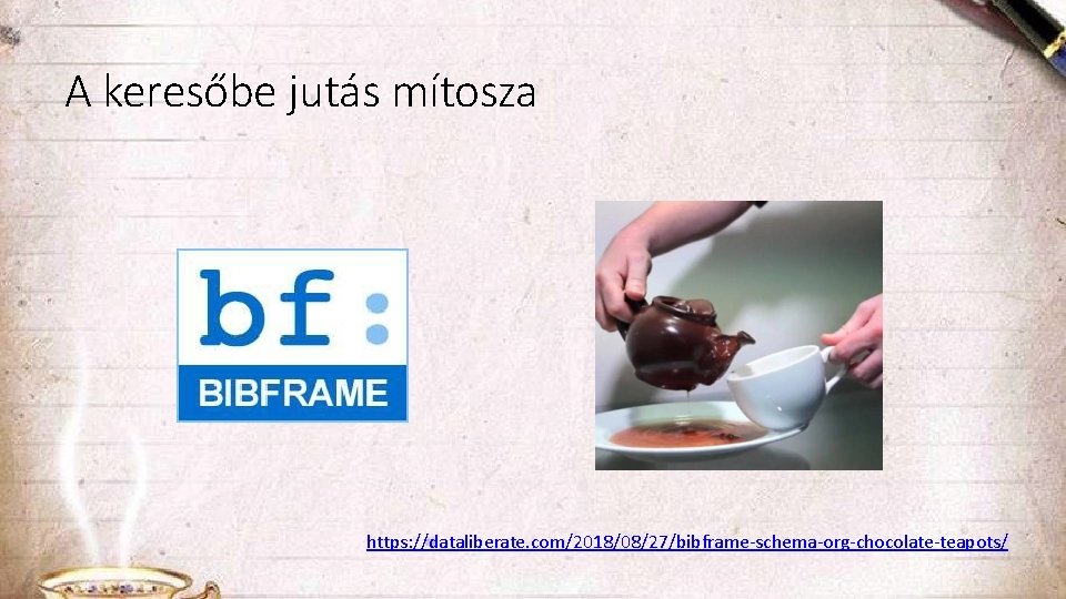 A keresőbe jutás mítosza https: //dataliberate. com/2018/08/27/bibframe-schema-org-chocolate-teapots/ 