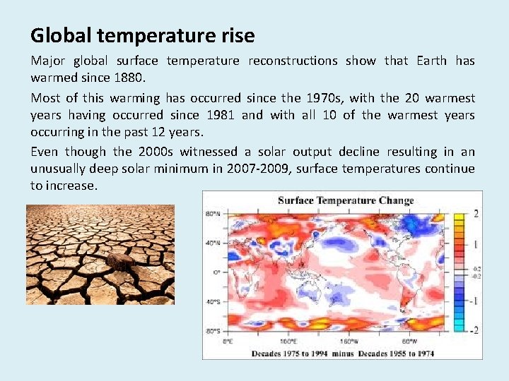 Global temperature rise Major global surface temperature reconstructions show that Earth has warmed since Global temperature rise Major global surface temperature reconstructions show that Earth has warmed since