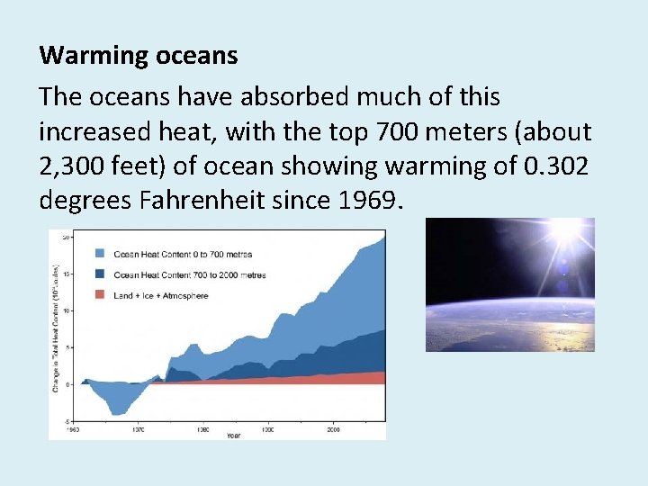 Warming oceans The oceans have absorbed much of this increased heat, with the top Warming oceans The oceans have absorbed much of this increased heat, with the top