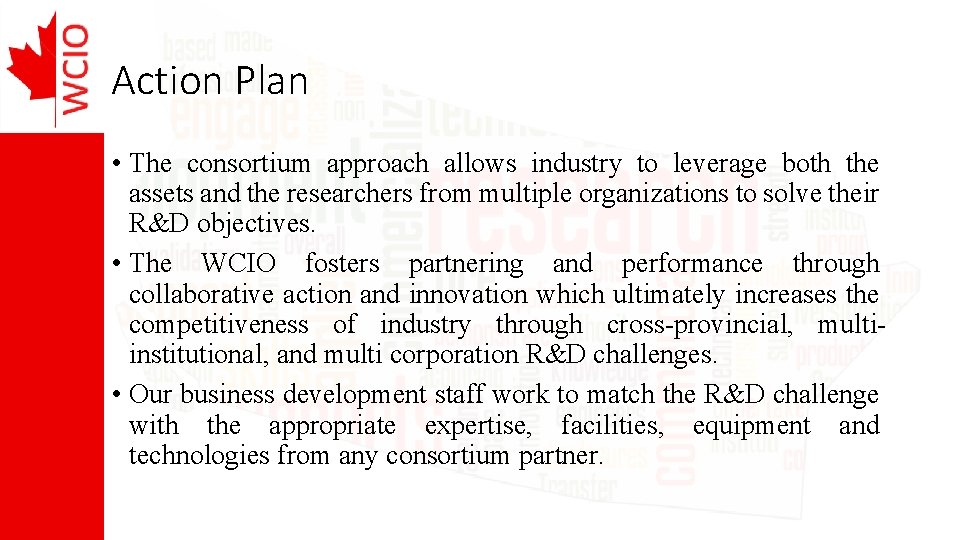 Action Plan • The consortium approach allows industry to leverage both the assets and